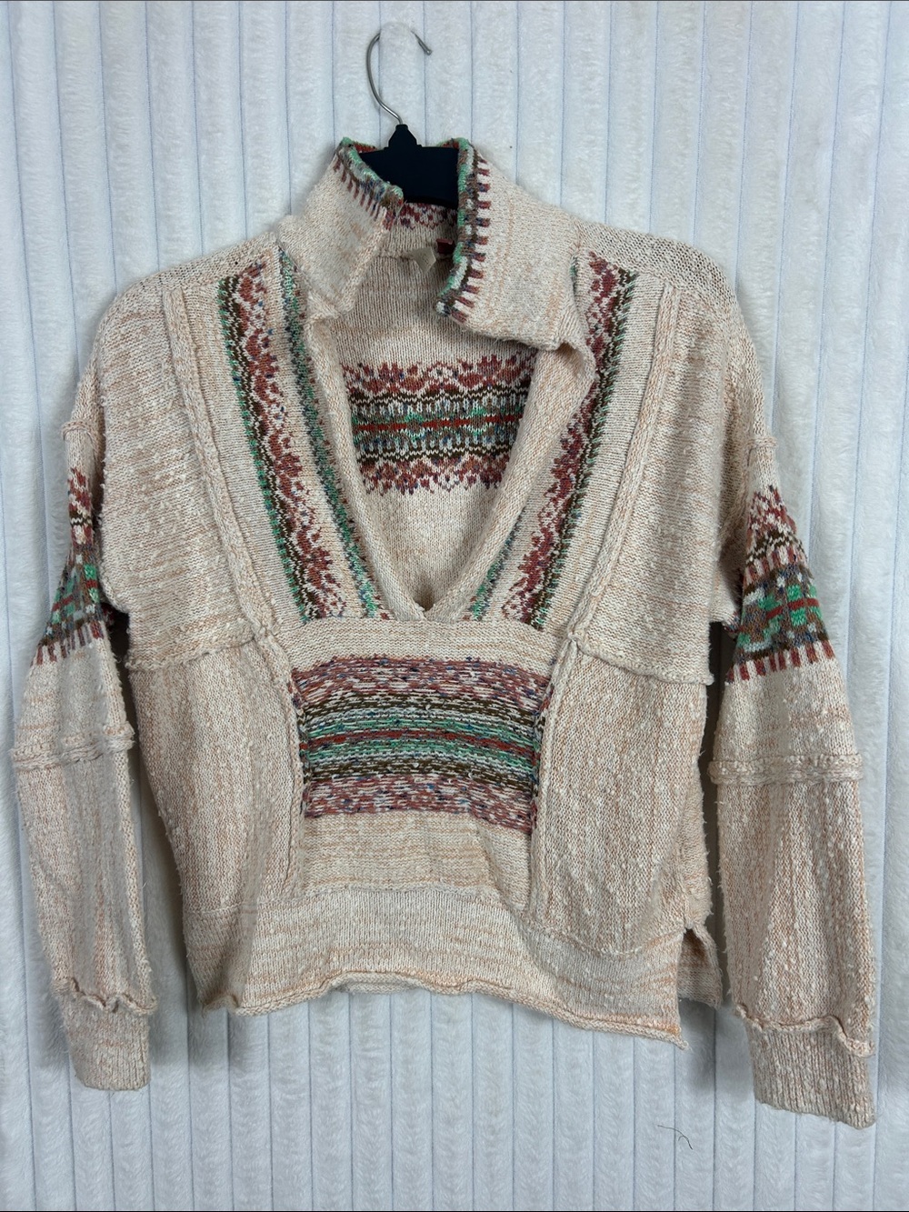 Pilcro Costal peach V-Neck Patterned Pullover Sweater with Green Rust pattern XS